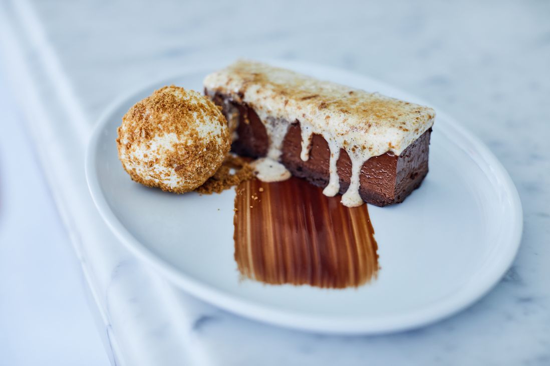 S'mores Torte ($10): toasted marshmallow, dark chocolate mousse, honey graham ice cream<br>